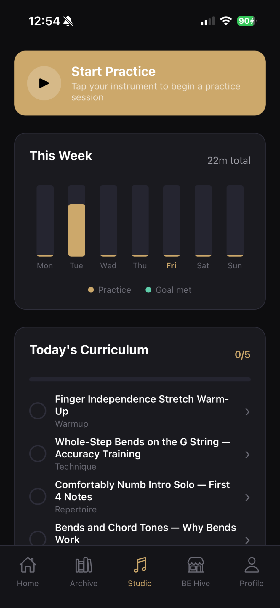 Arcform app Studio screen showing weekly practice tracking and today's curriculum