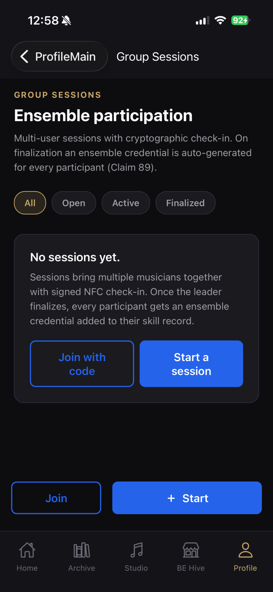 Arcform app Group Sessions screen showing ensemble check-in